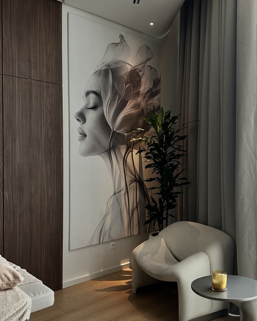 A serene luxury spa lounge with sculptural artwork